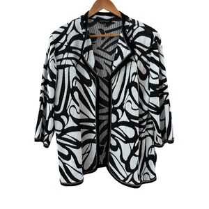 Ming‎ Wang Geometric Open Front Cardigan Sweater Size 1X Abstract Black White